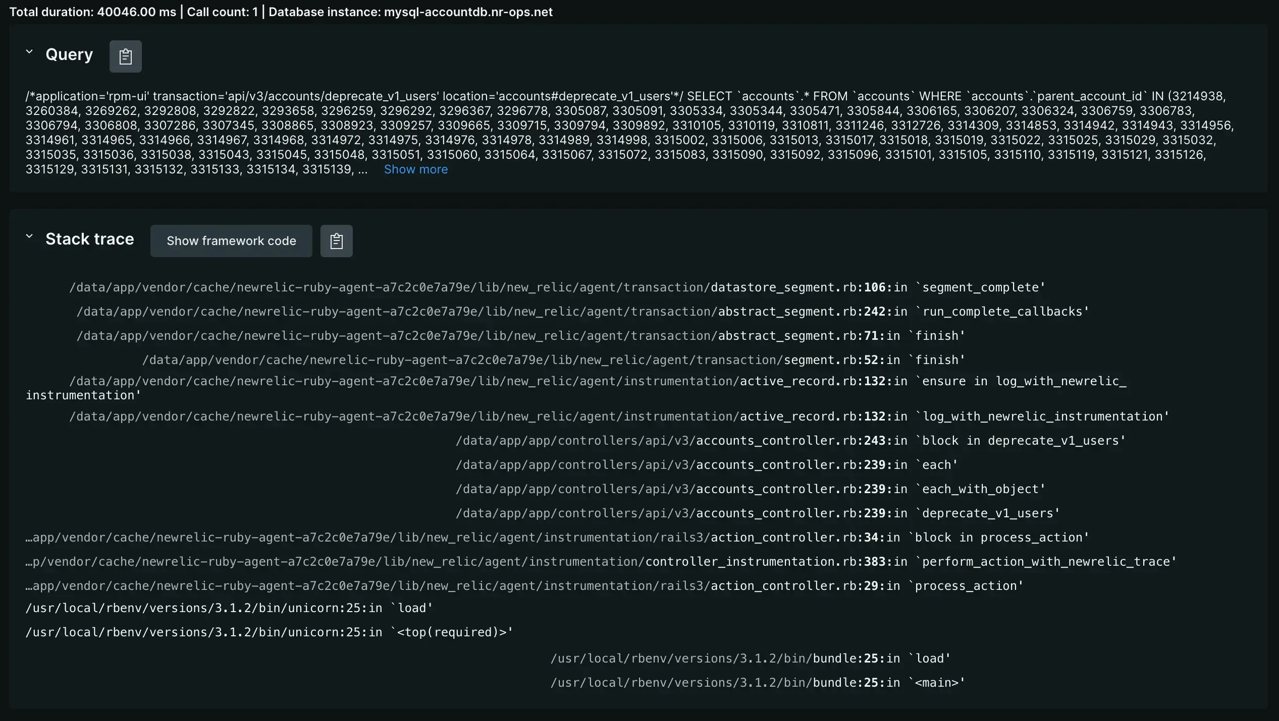 A screenshot showing the stacktrace view of a transaction trace in the UI