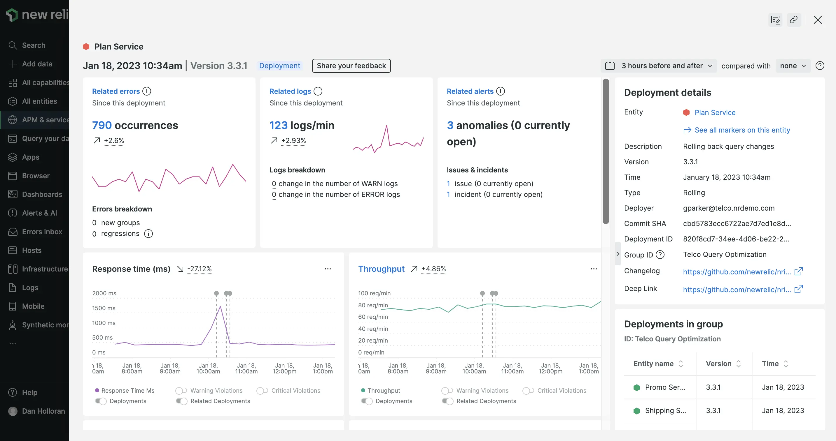 Screenshot showing the New Relic change analysis interface