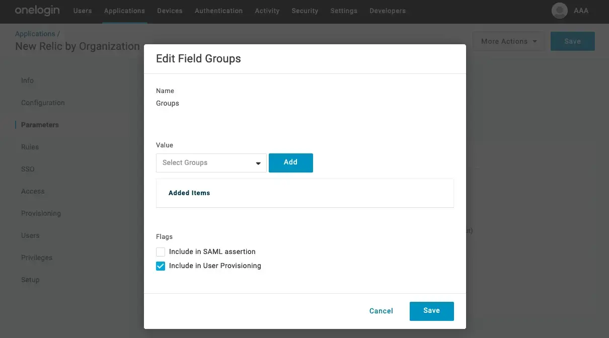 Screenshot showing the OneLogin Parameter details page.