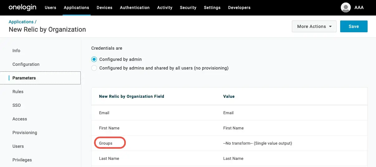 Screenshot of the OneLogin Parameter form showing which fields to configure.