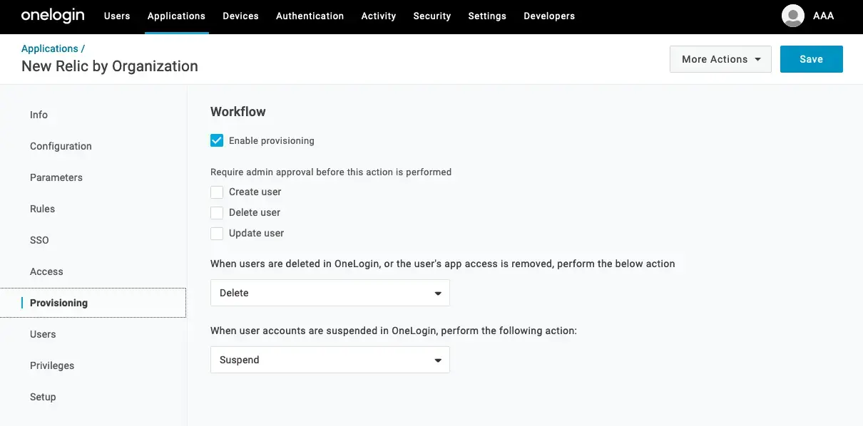 Screen capture showing the OneLogin Provisioning page.