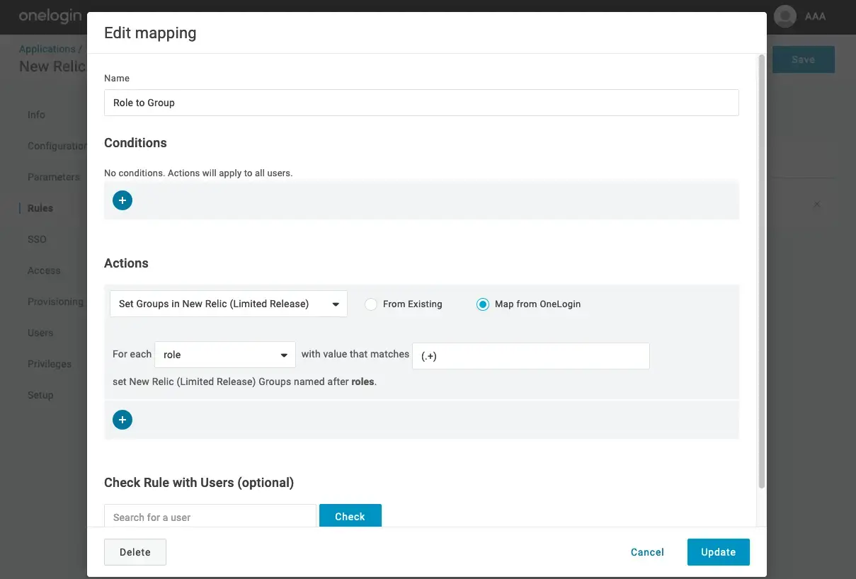 Screen capture showing the OneLogin Rules detail page about conditions and actions.