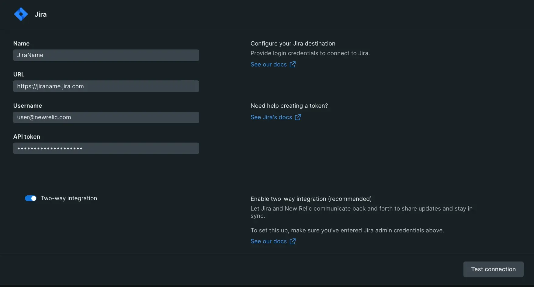 A screenshot of a Jira destination configuration.