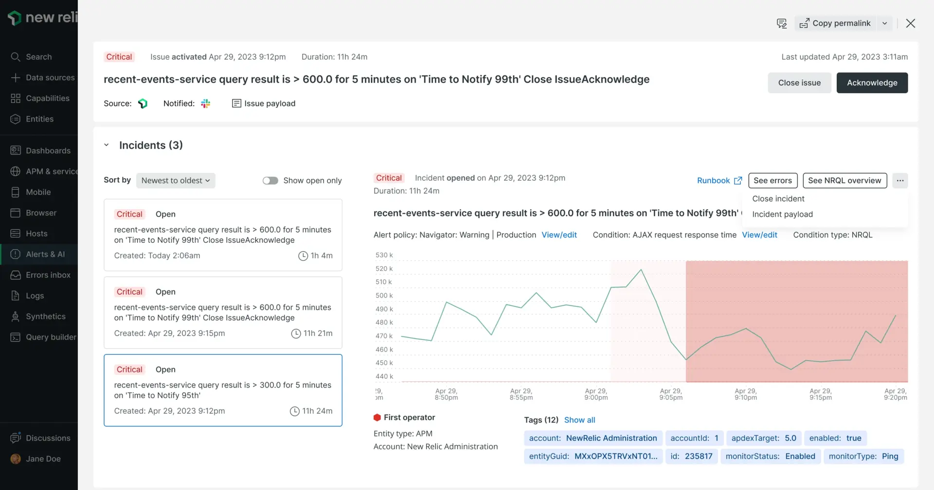 A screenshot of the Issues & activity page and its different sections: Issue payload, destinations, duration, and incident number, activity list, graph, and entity list.