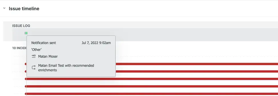 A screenshot of the incident intelligence issue timeline with event detail.