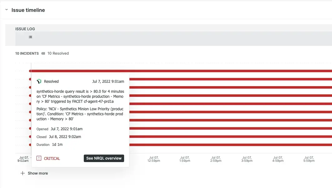 A screenshot of the incident intelligence issue timeline with critical event detail.