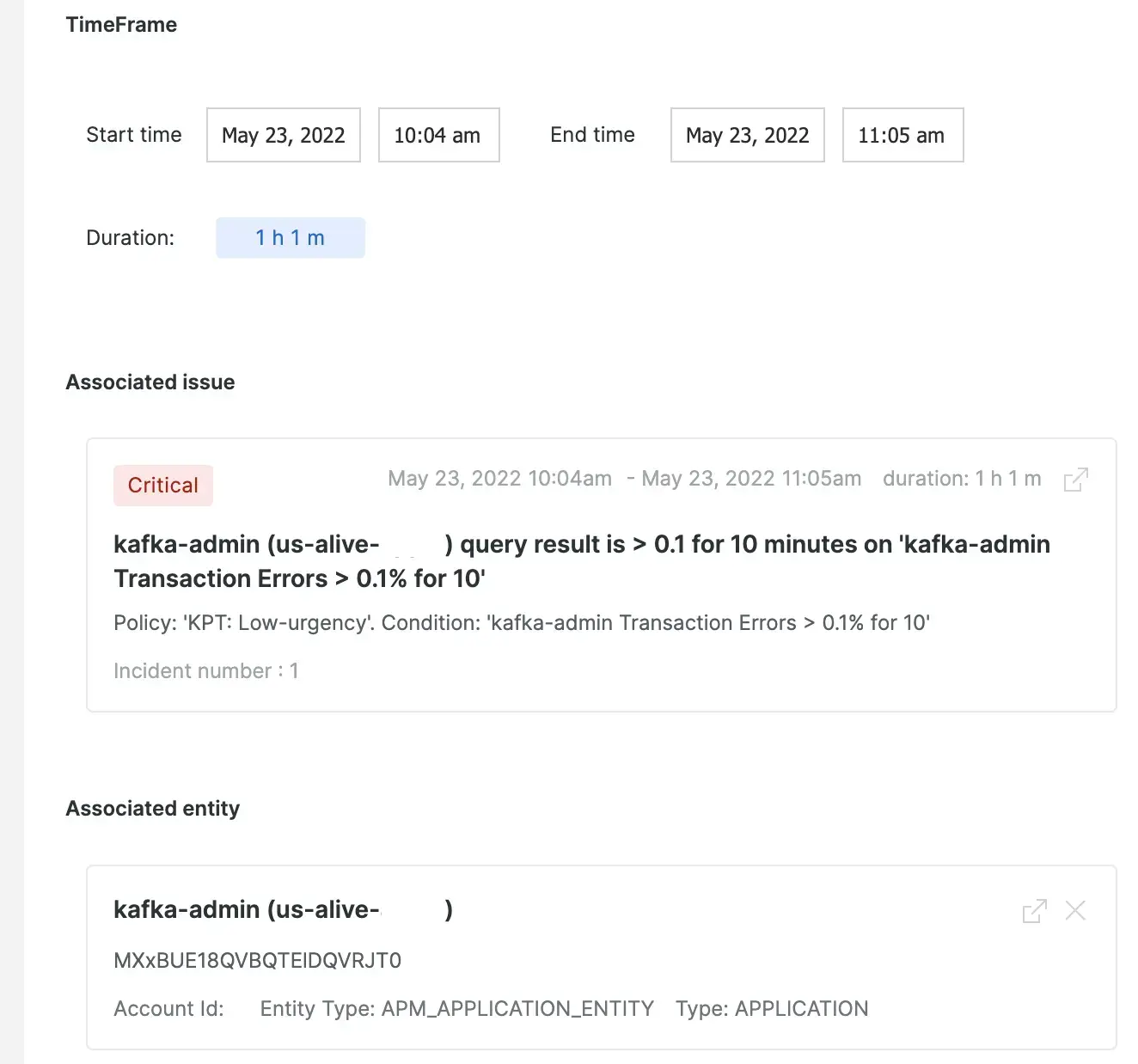 A screenshot of the postmortem page showing associated issues and entities, as well as the time frame.