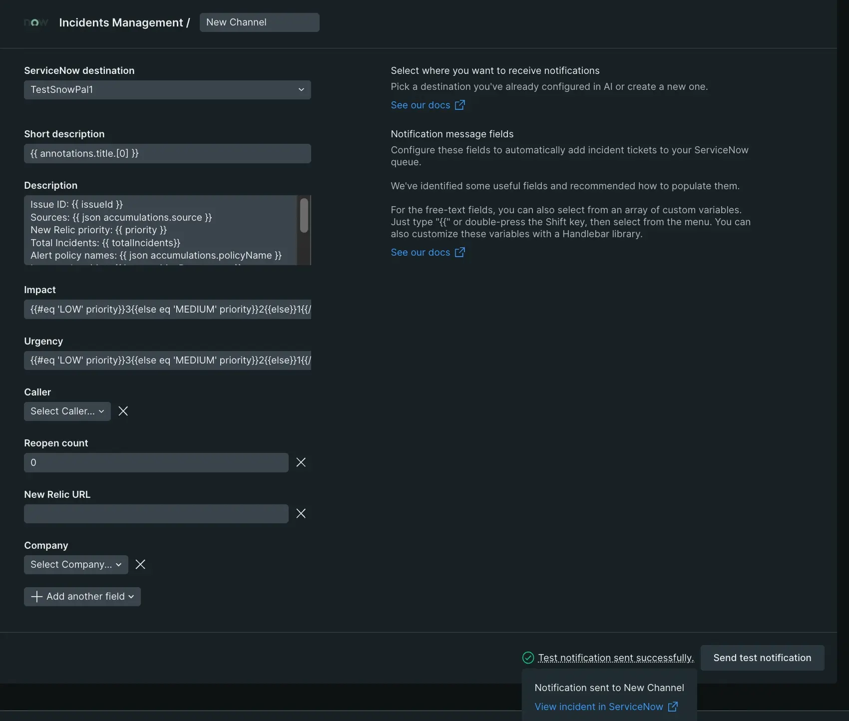 A screenshot of some recommended ServiceNow-incident fields and values.