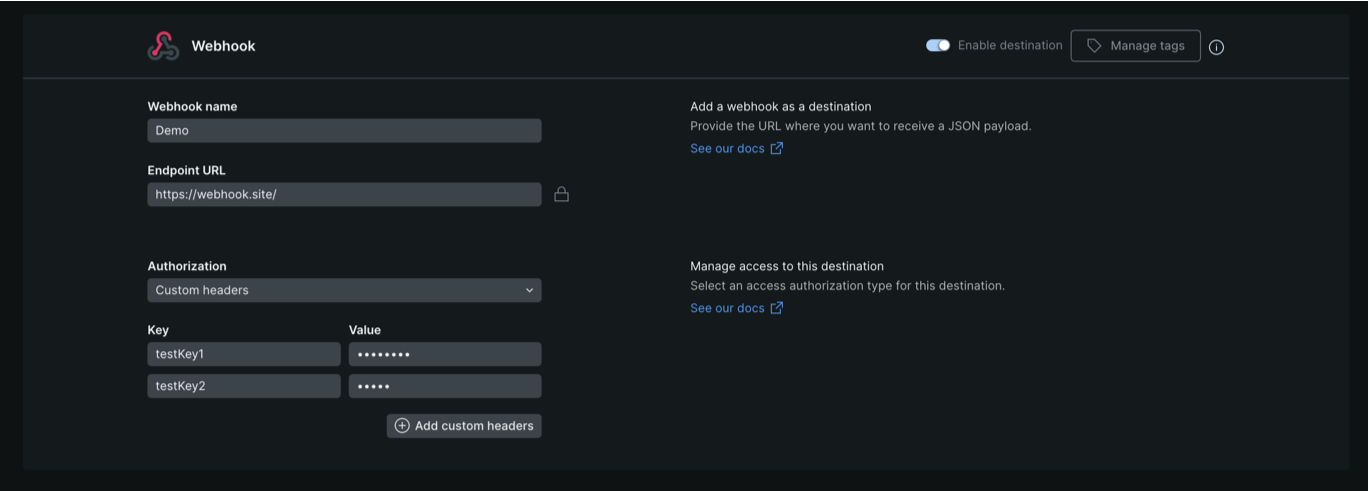 Webhook destination custom headers authentication