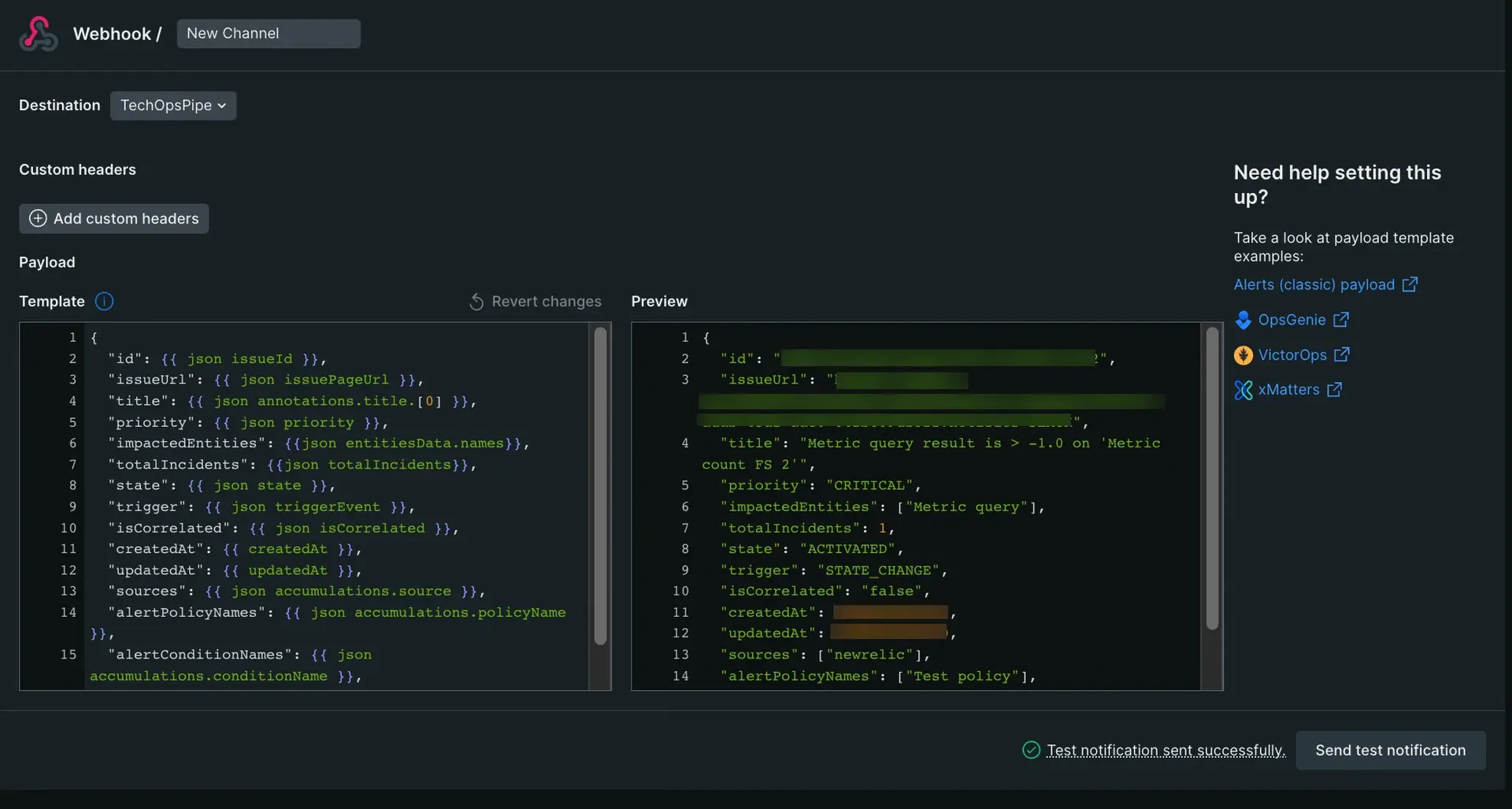 A screenshot of a test webhook notification template.