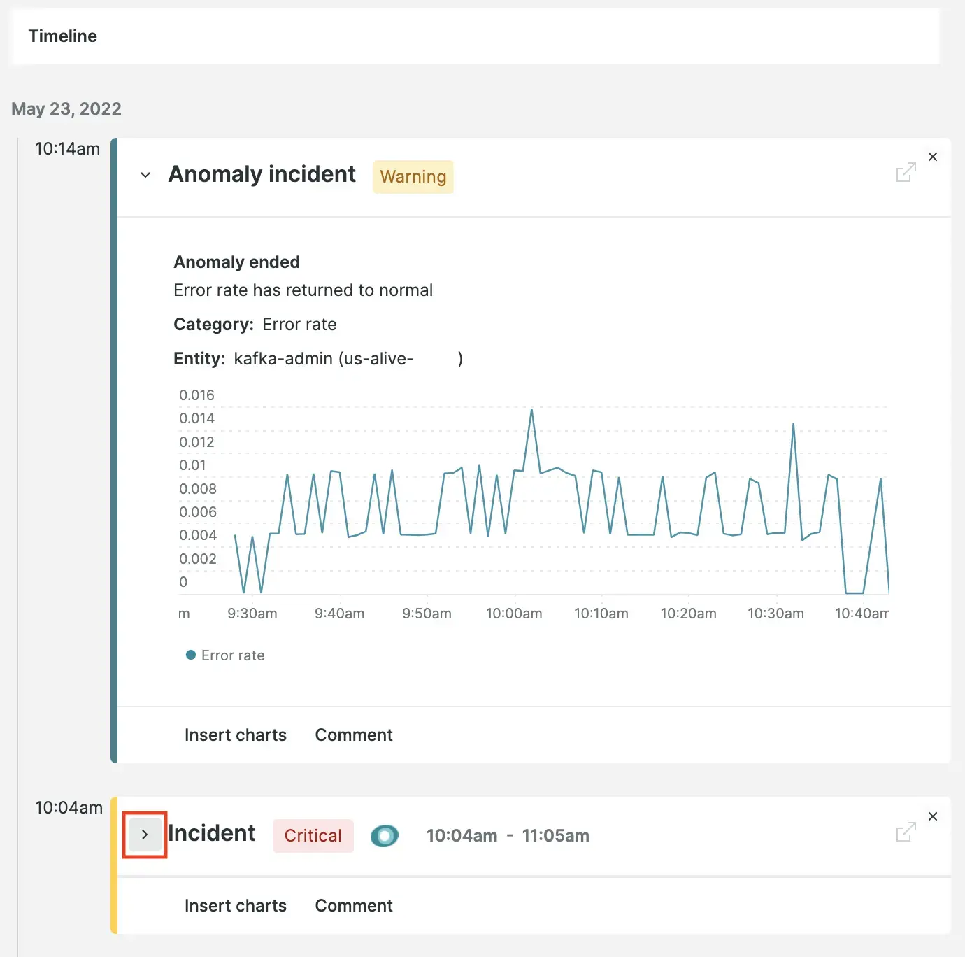 A screenshot of the postmortem timeline showing how events are grouped by time and date.