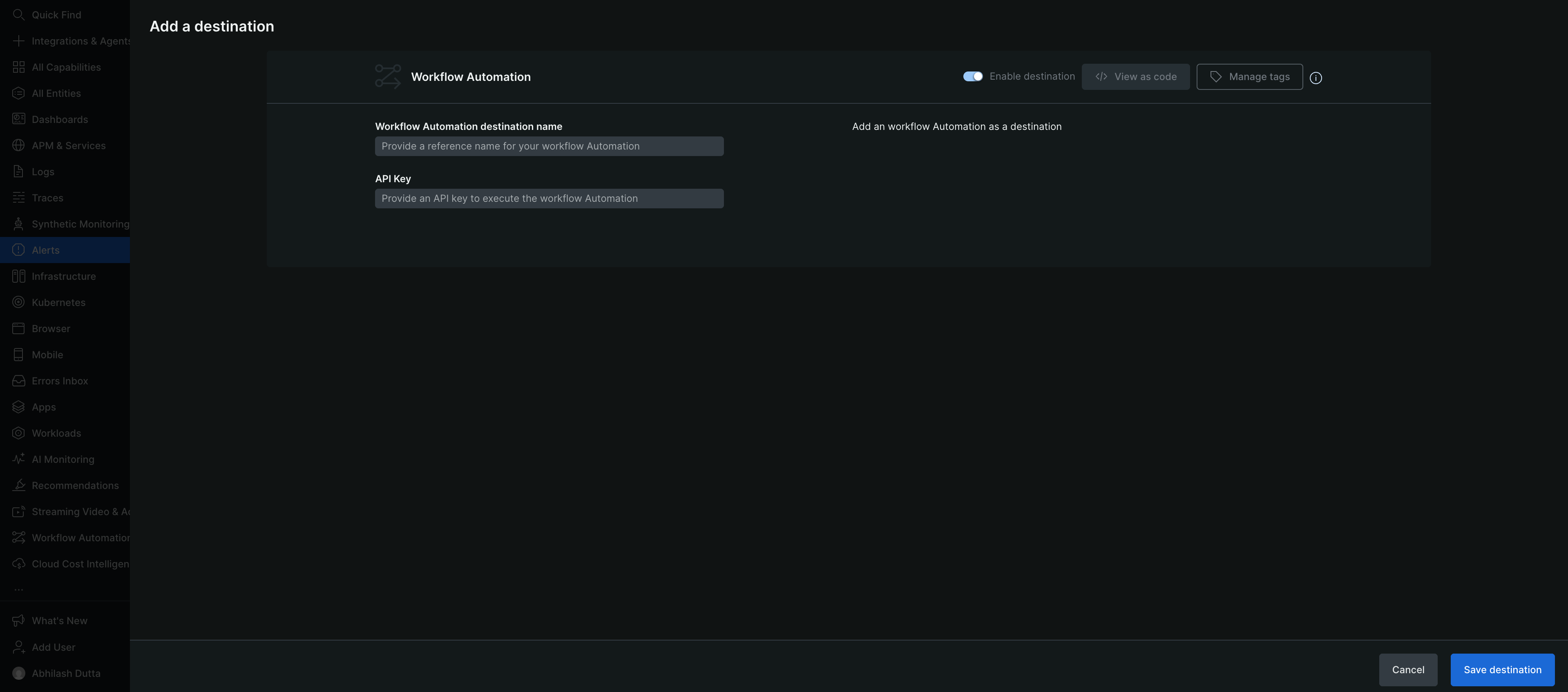How to add a destination Image of the Workflow Automation destination page.