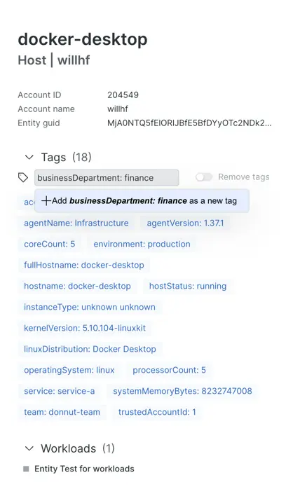 Adding a “businessDepartment: finance” tag to the docker-desktop host.