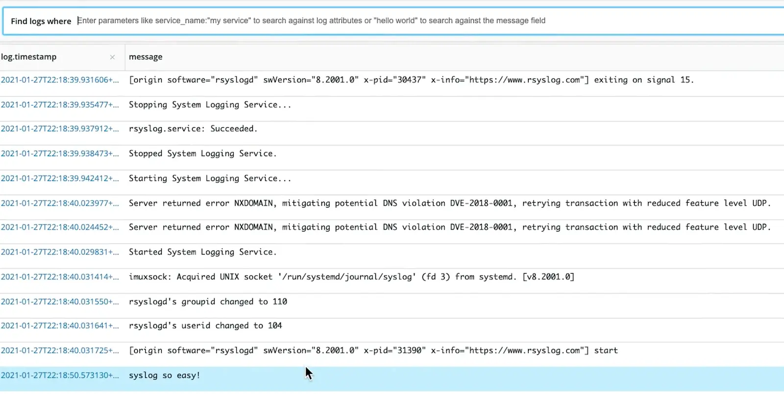 Screen capture showing native support for forwarding syslog data via rsyslog and syslog-ng.