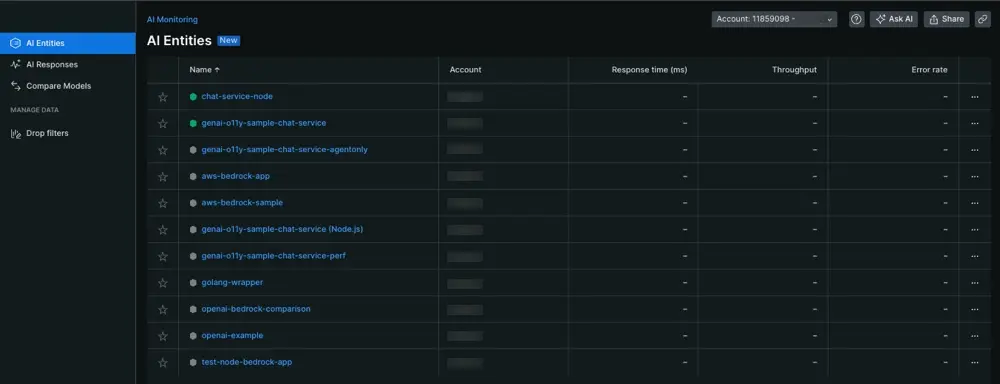 A screenshot of the first page you see when you click AI Monitoring. View aggregated data, compare your AI models, or create drop filters.