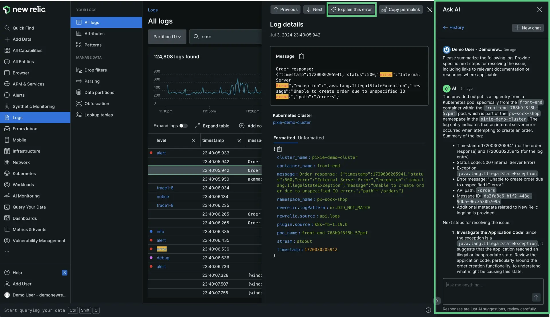 a screenshot depicting log errors explained by New Relic AI