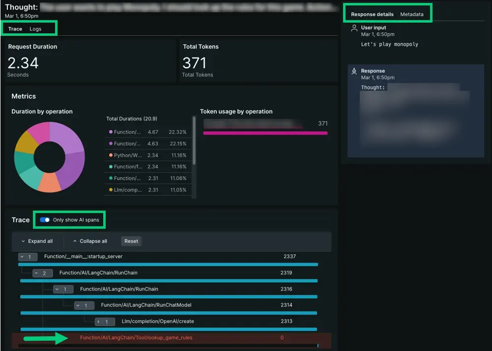 A screenshot of the trace view for a particular AI response