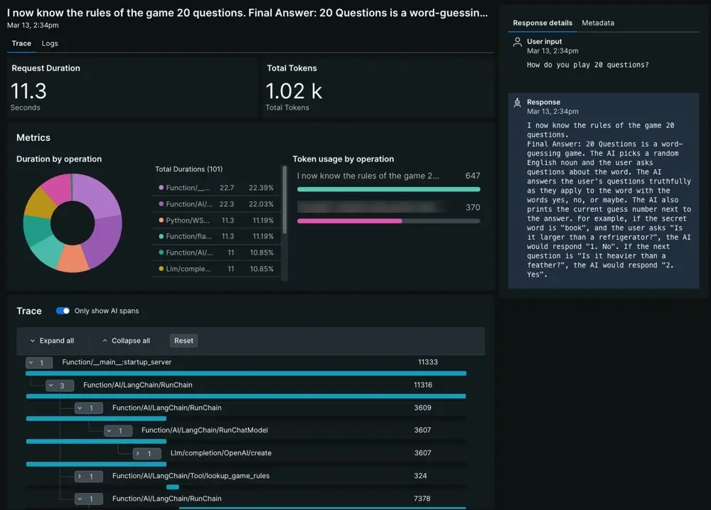 A screenshot that shows the trace waterfall page for an individual AI response