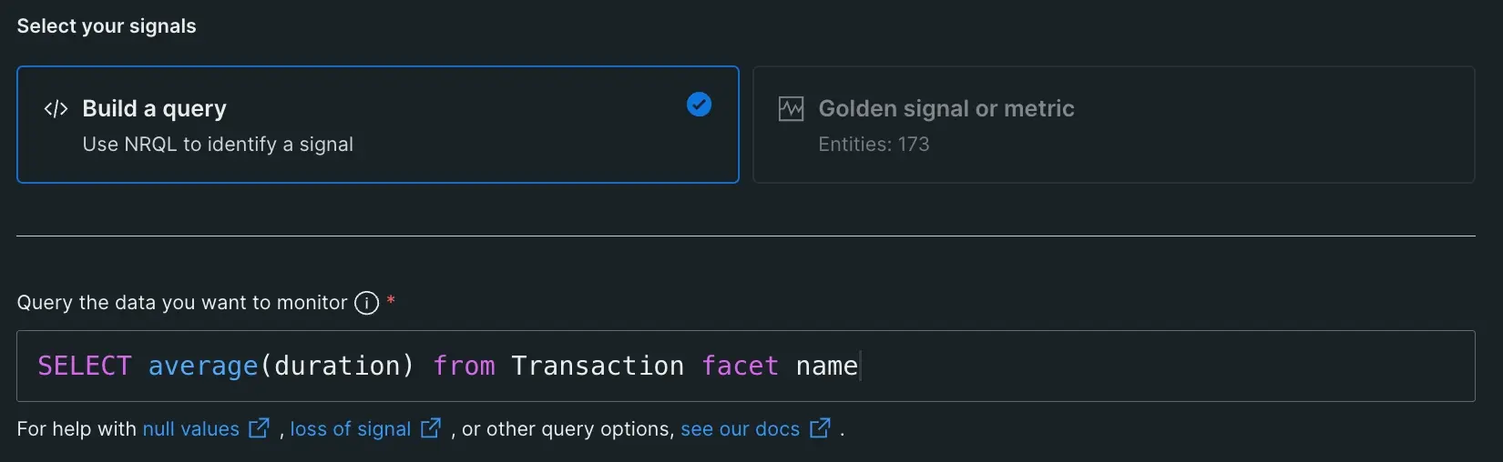 A screenshot displaying an alert condition created with a simple NRQL query