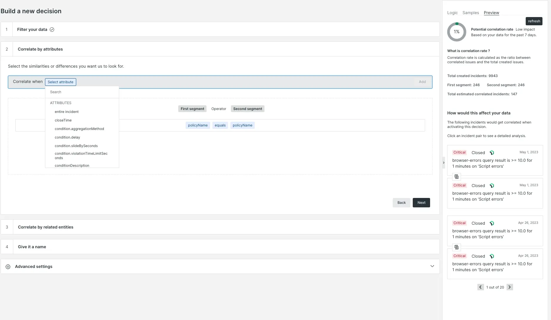 A screenshot of the basic decision builder: correlate by attributes