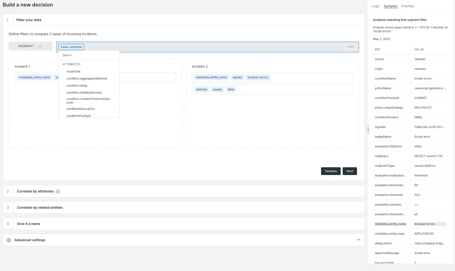 A screenshot of the basic decision builder: filter your data