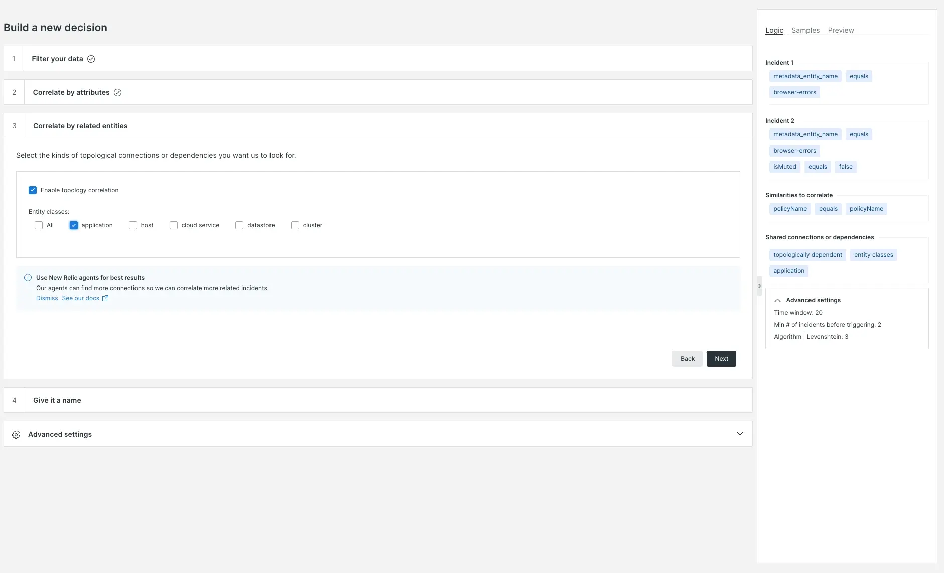 A screenshot of the basic decision builder: correlate by related entities