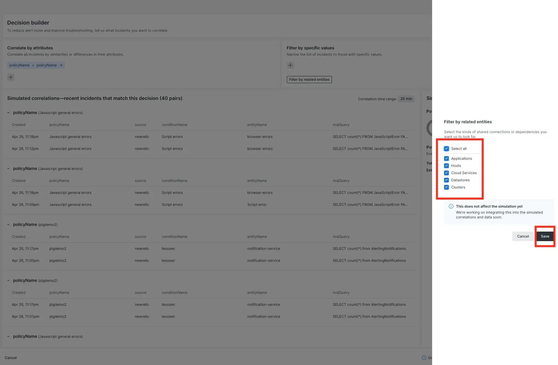 A screenshot of the basic decision builder, filtering by entities.