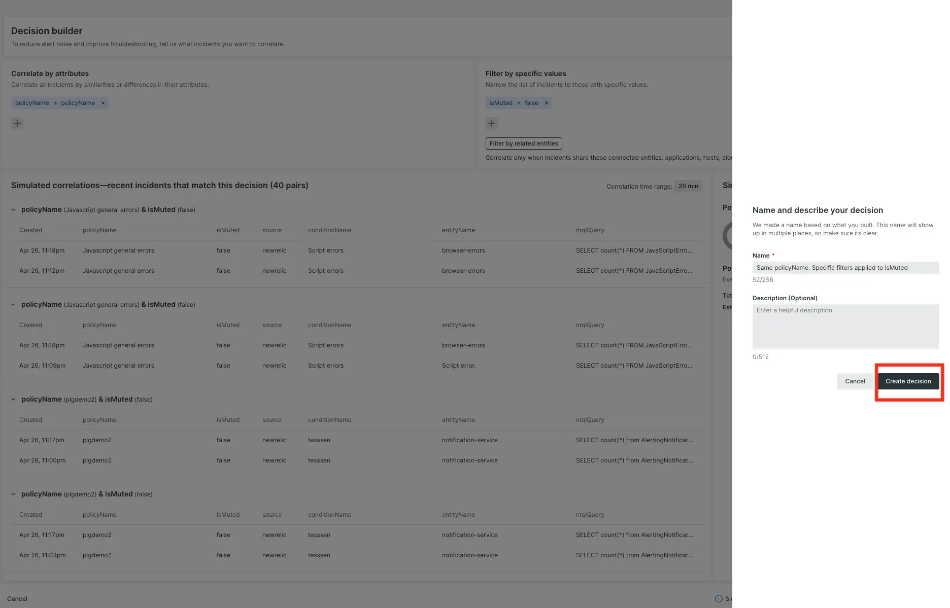 A screenshot of the basic decision builder: naming and saving the decision