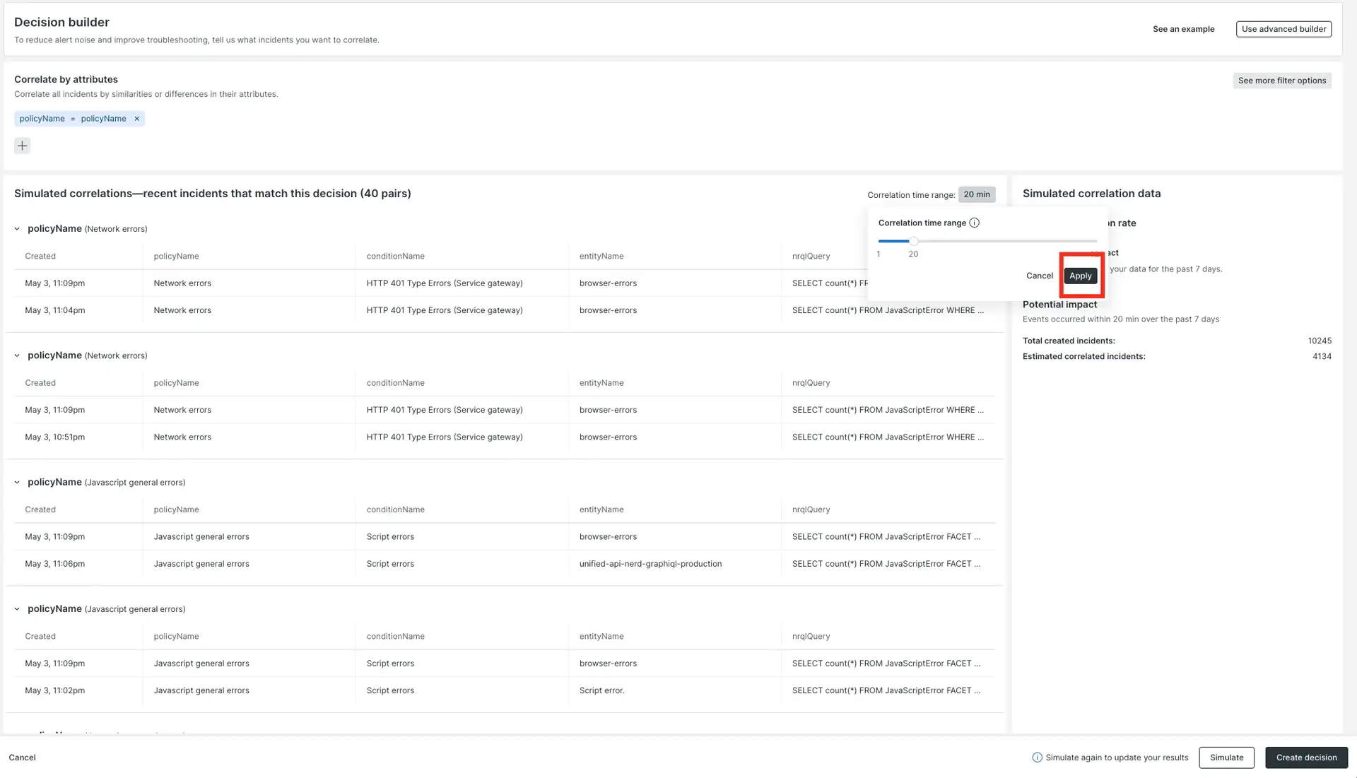 A screenshot of the basic decision builder, setting a correlation time range.