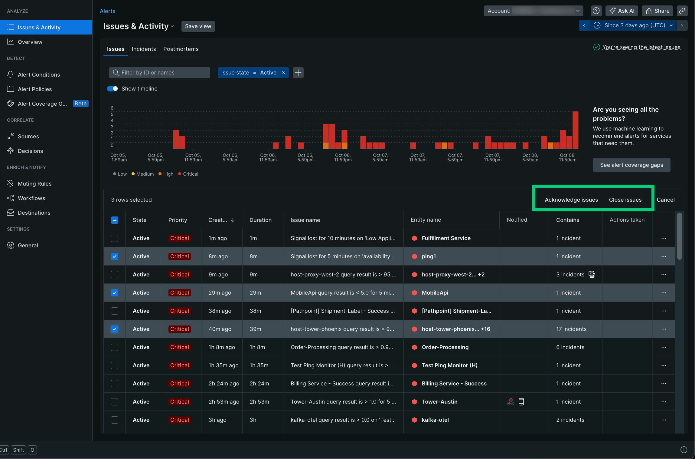 Bulk actions - Acknowledge and close issues