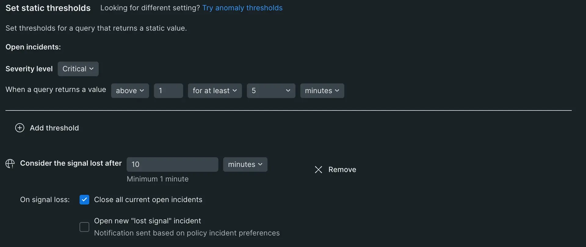 Set static thresholds A screenshot displaying how to set static thresholds for an alert condition