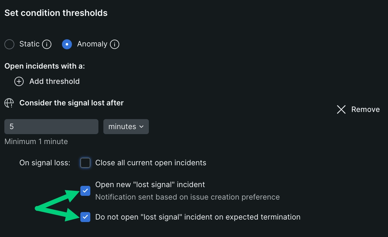 screenshot of signal loss options