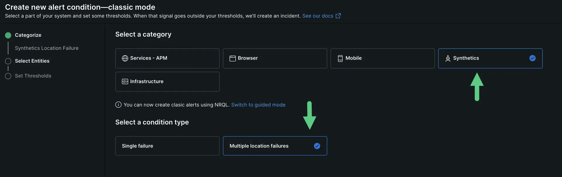 A screenshot that shows what to select to create a classic alert for synthetics