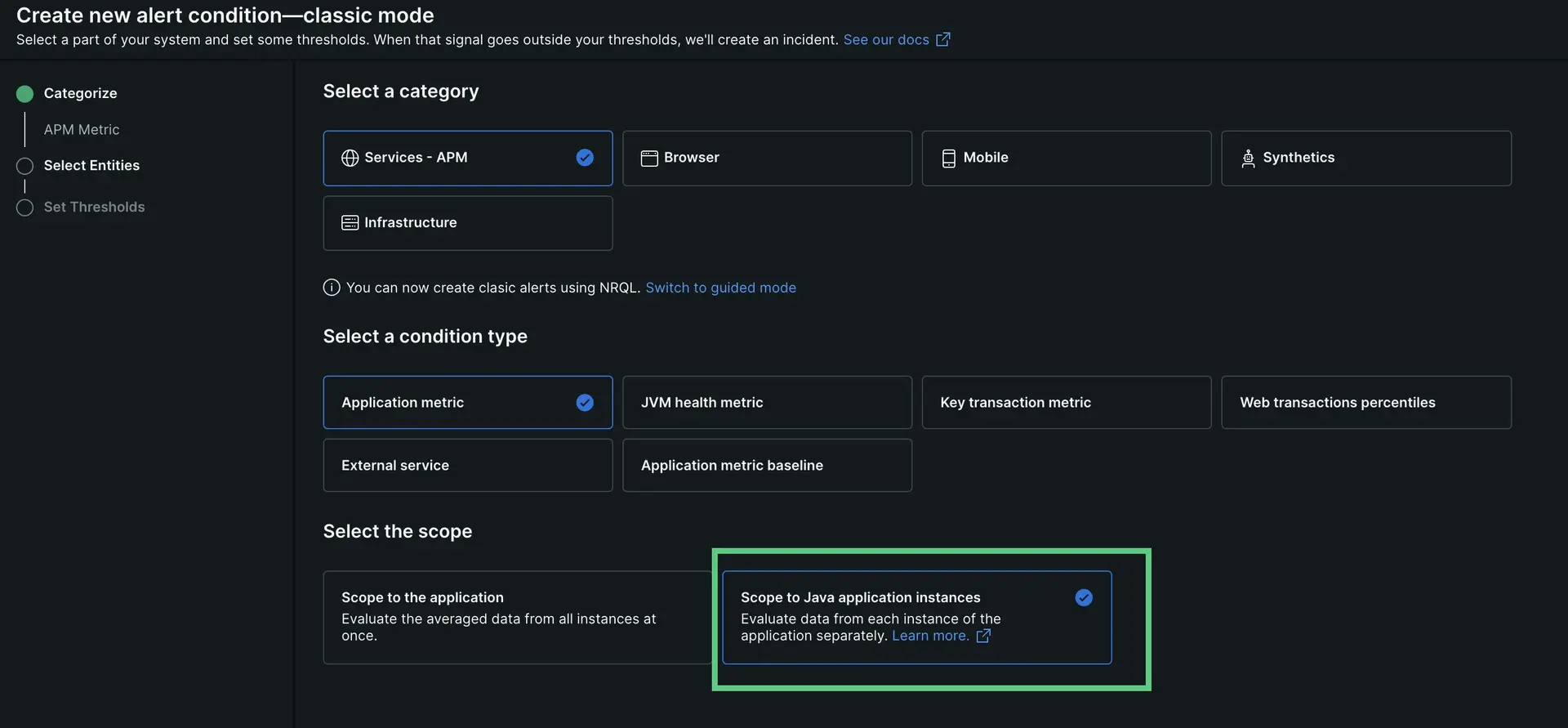 A screenshot showing what to select to create alerts based on threshold instances