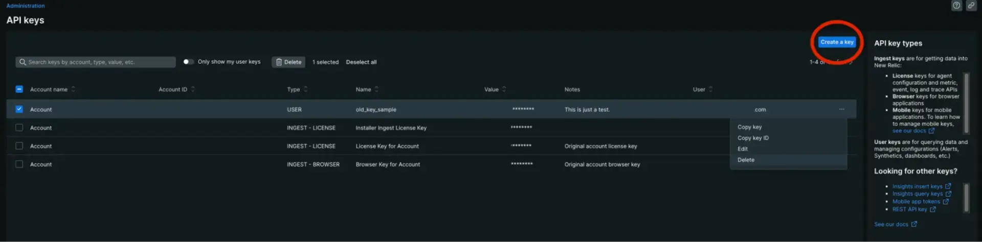 Screenshot of API keys list in New Relic