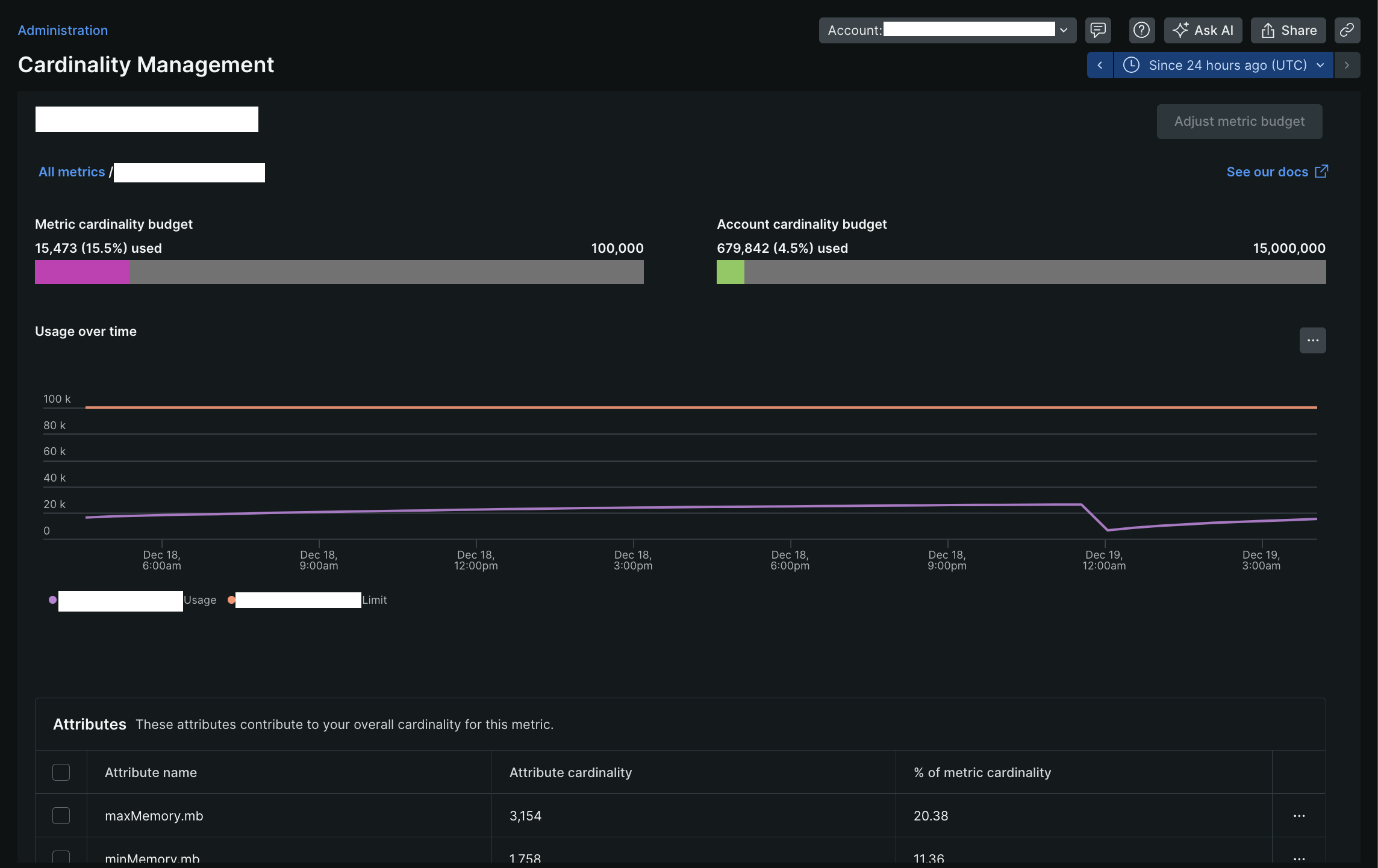 Screenshot showing the Cardinality Management page