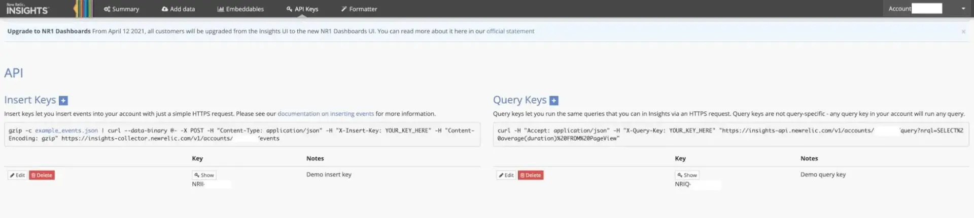 Screenshot of Insights key interface including delete button