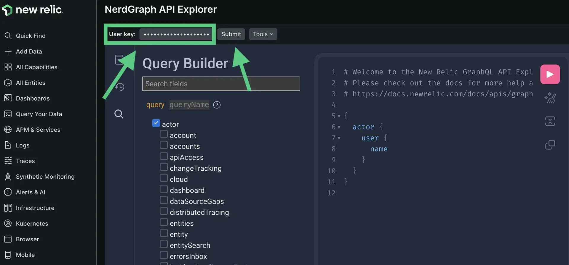 Screenshot of how to set API key in Nerdgraph