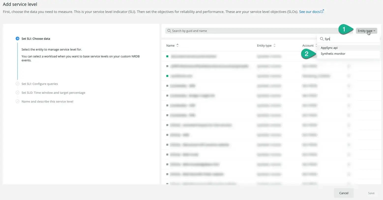 Filter entity types in service levels