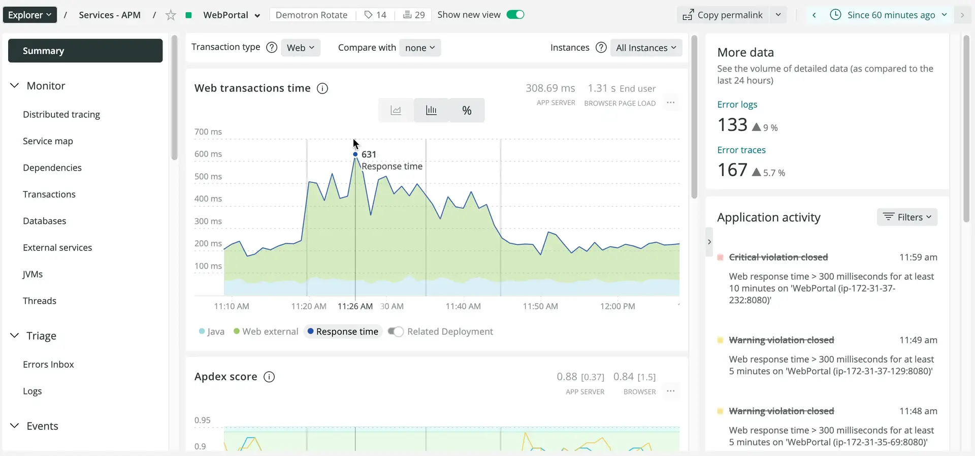 Screenshot of APM Summary errors in UI