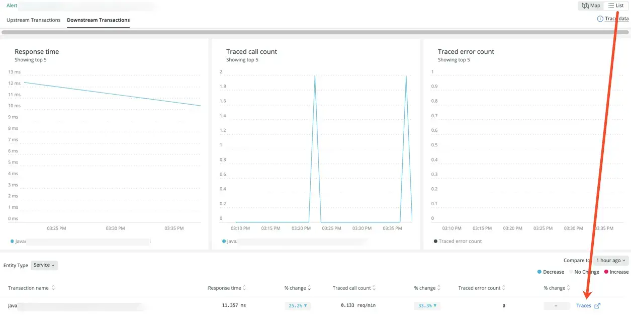 Screenshot showing the trace link in the table view