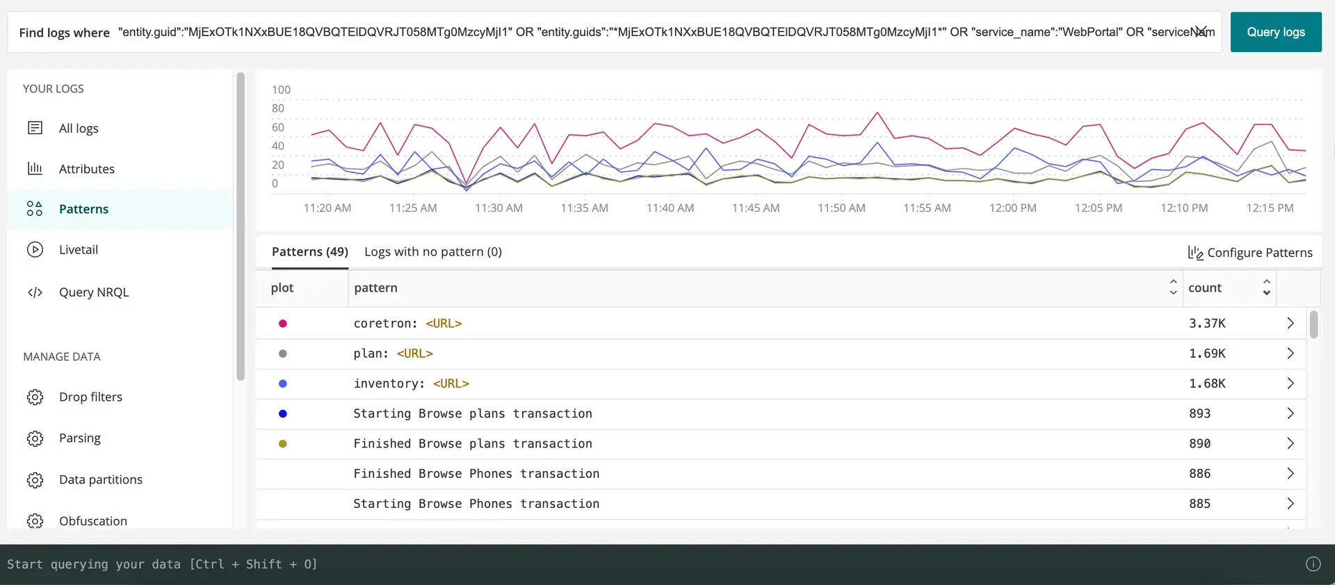 Screenshot of Log patterns UI