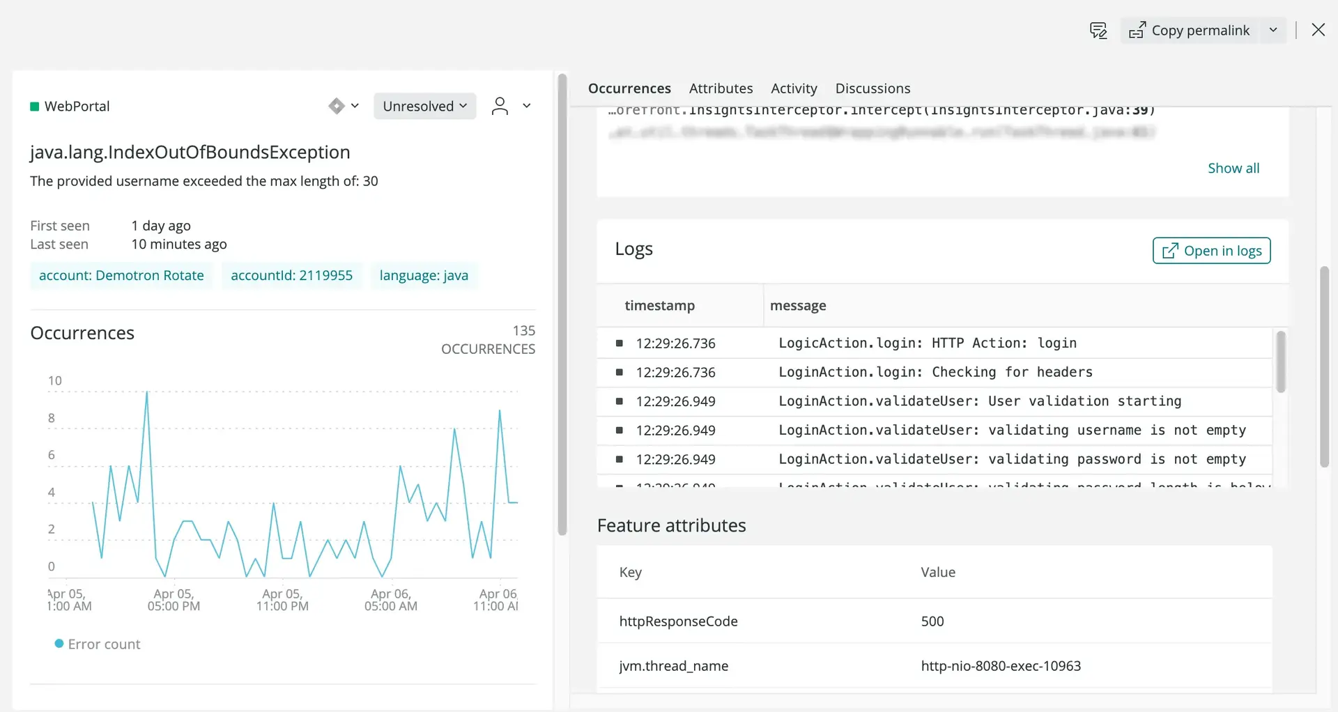 Screenshot of logs from Errors inbox UI