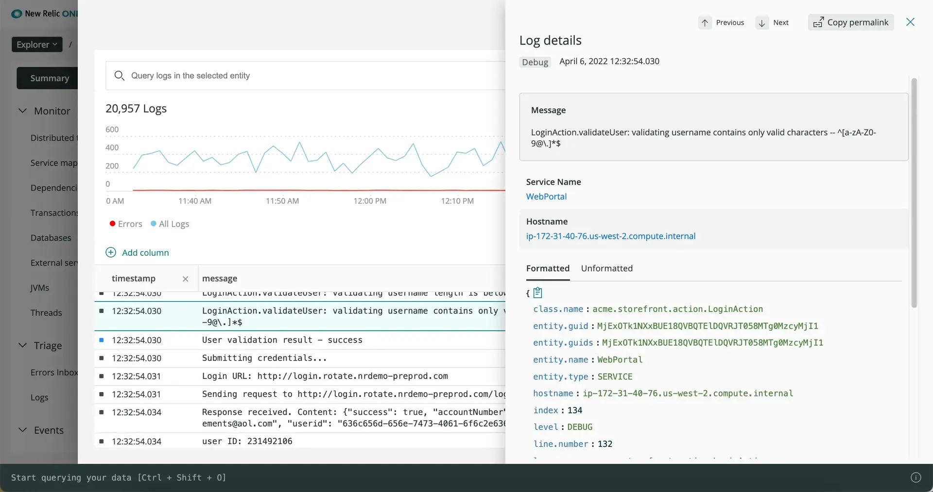 Screenshot of Log details in APM UI