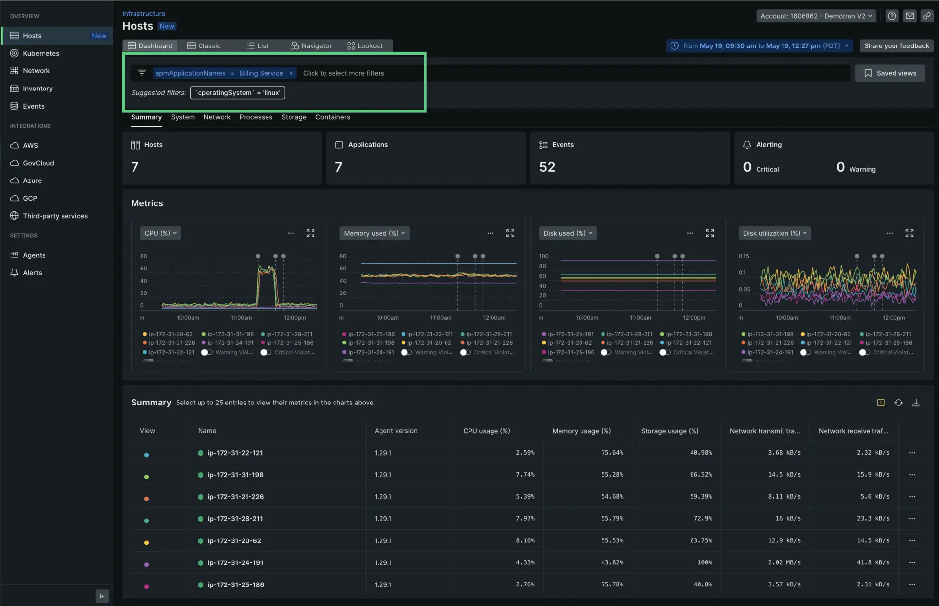 A screenshot showing you how to filter the infrastructure page by application