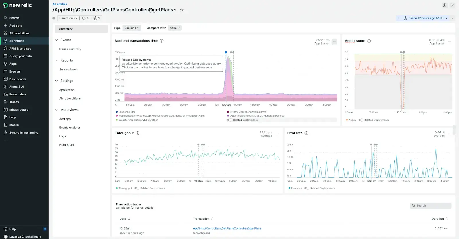 A screenshot depicting change tracking and key transactions