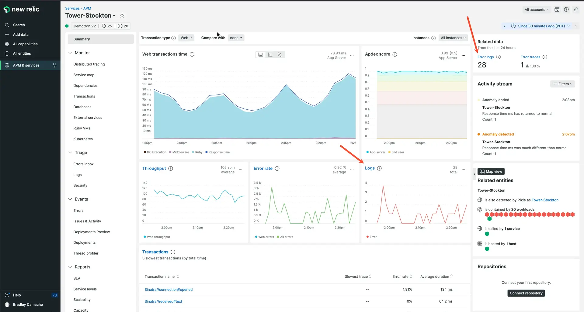 Screenshot of APM Summary page with logs in context options