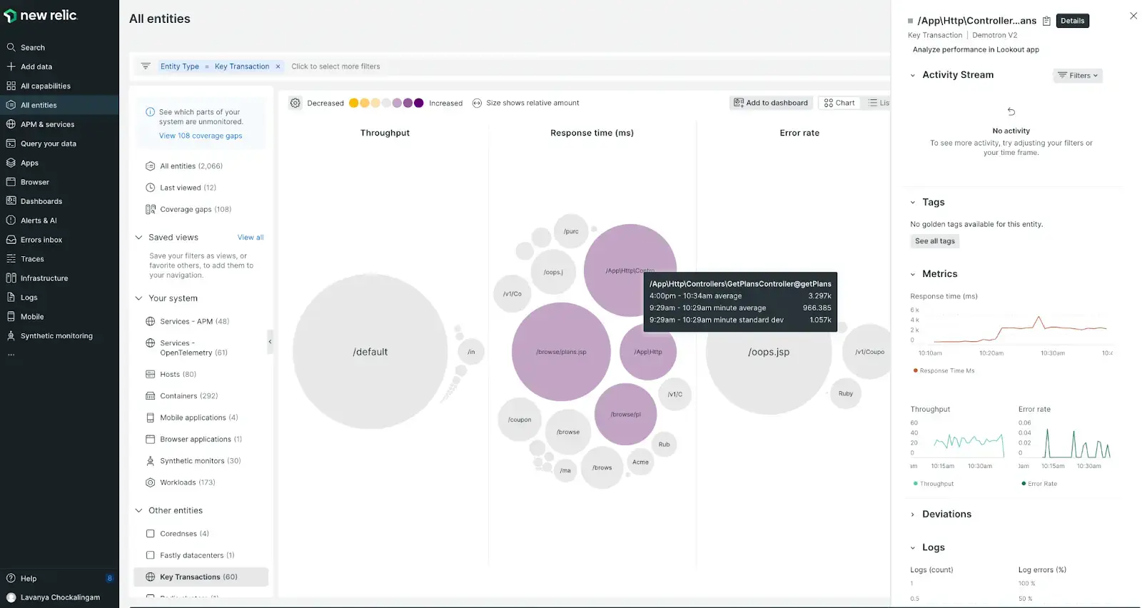 A screenshot depicting New Relic Lookout and key transactions.