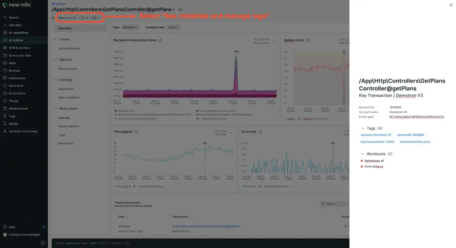 A screenshot depicting how to tag a key transaction