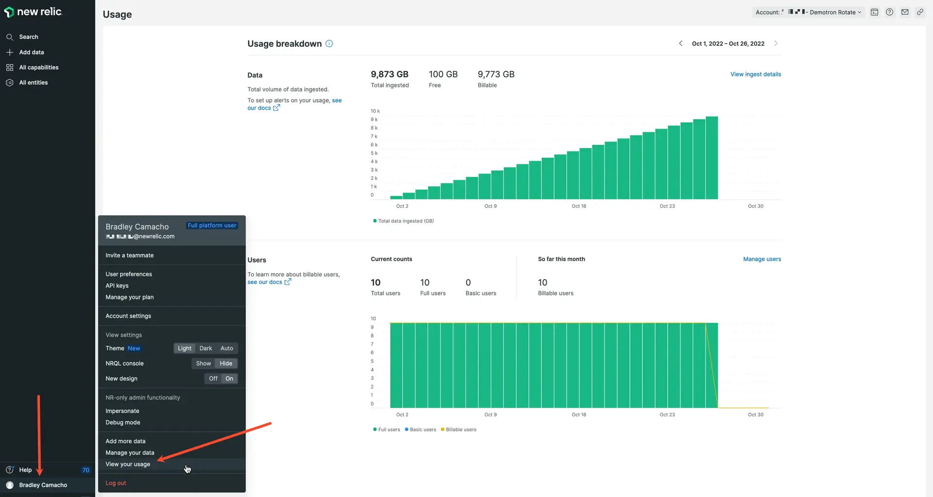 Screenshot of View data and usage page in UI